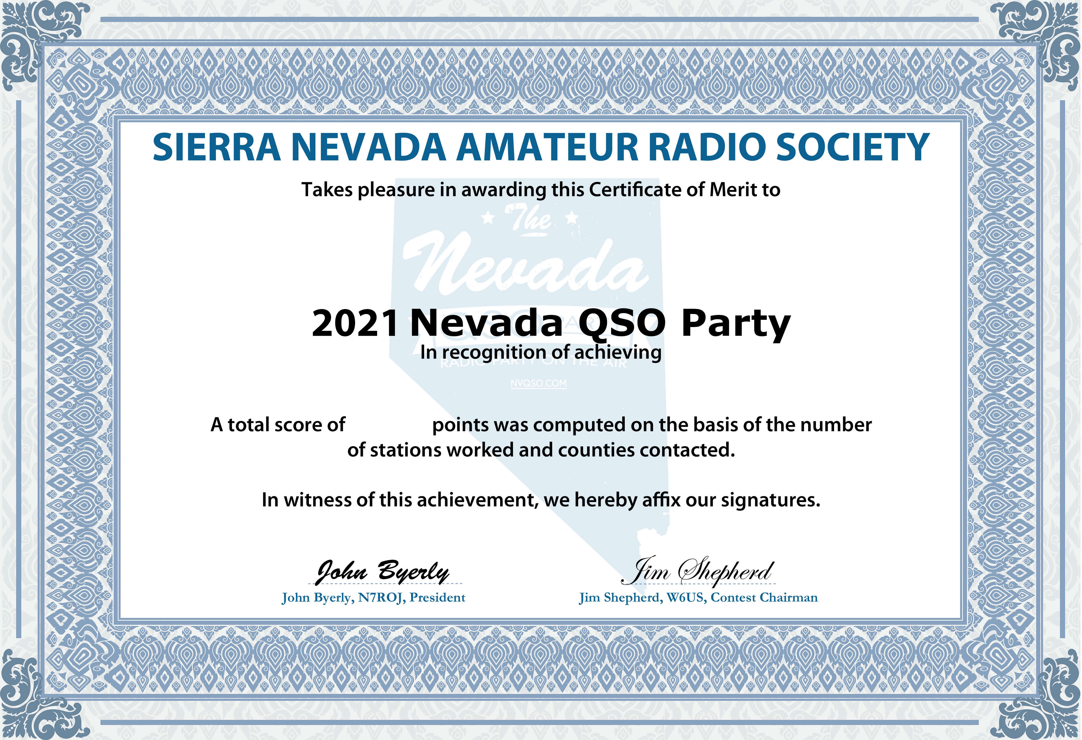 2021 Nevada Qso Party Certificate Nevada Qso Party 7645